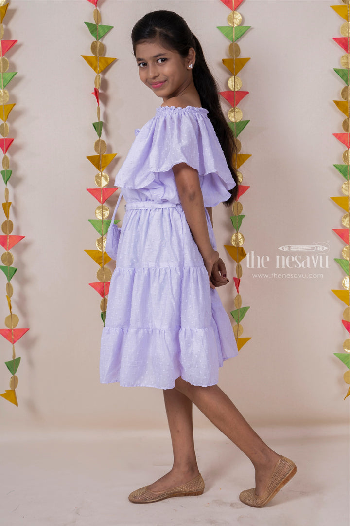 The Nesavu Frocks & Dresses Lavendar Off-Shoulder Designed Soft Cotton Frock For Baby Girls With Matching Bag psr silks Nesavu