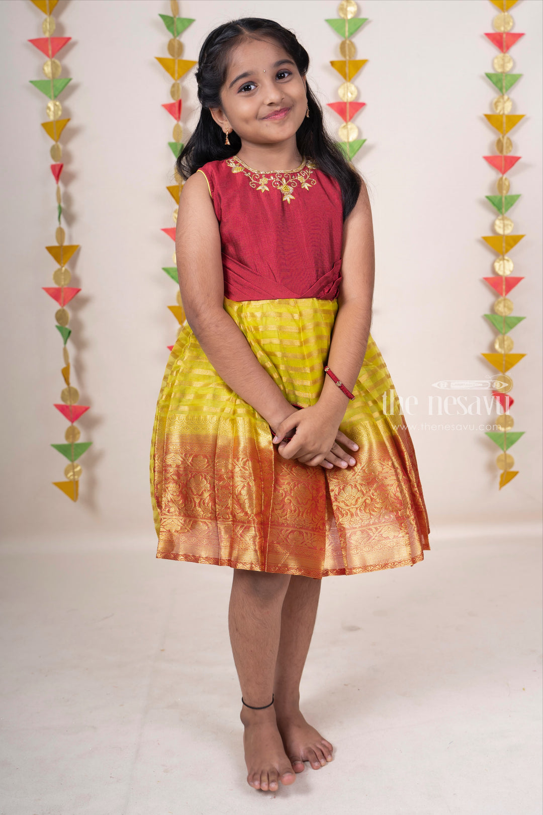 The Nesavu Silk Frocks Leaf Green Organza Silk Cotton Frock With Hand Embroidery Maroon Yoke For Girls psr silks Nesavu 14 (6M) / Yellowgreen SF428