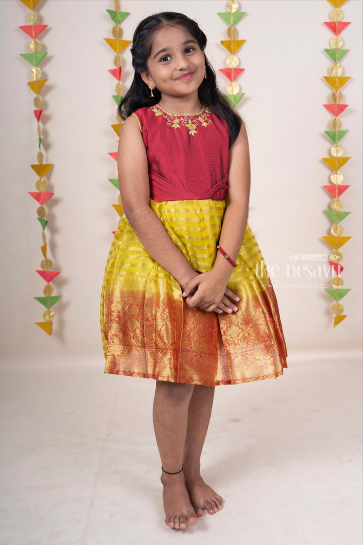 The Nesavu Silk Frocks Leaf Green Organza Silk Cotton Frock With Hand Embroidery Maroon Yoke For Girls psr silks Nesavu 14 (6M) / Yellowgreen SF428