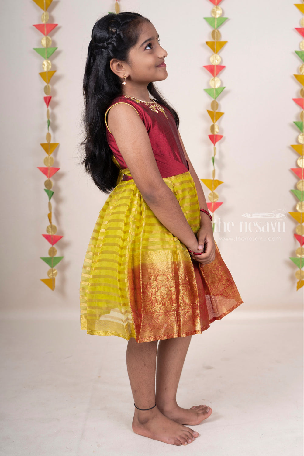 The Nesavu Silk Frocks Leaf Green Organza Silk Cotton Frock With Hand Embroidery Maroon Yoke For Girls psr silks Nesavu