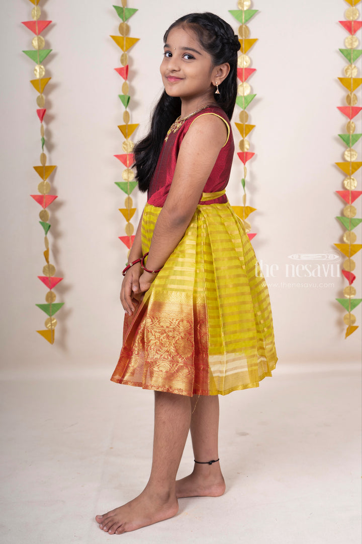 The Nesavu Silk Frocks Leaf Green Organza Silk Cotton Frock With Hand Embroidery Maroon Yoke For Girls psr silks Nesavu
