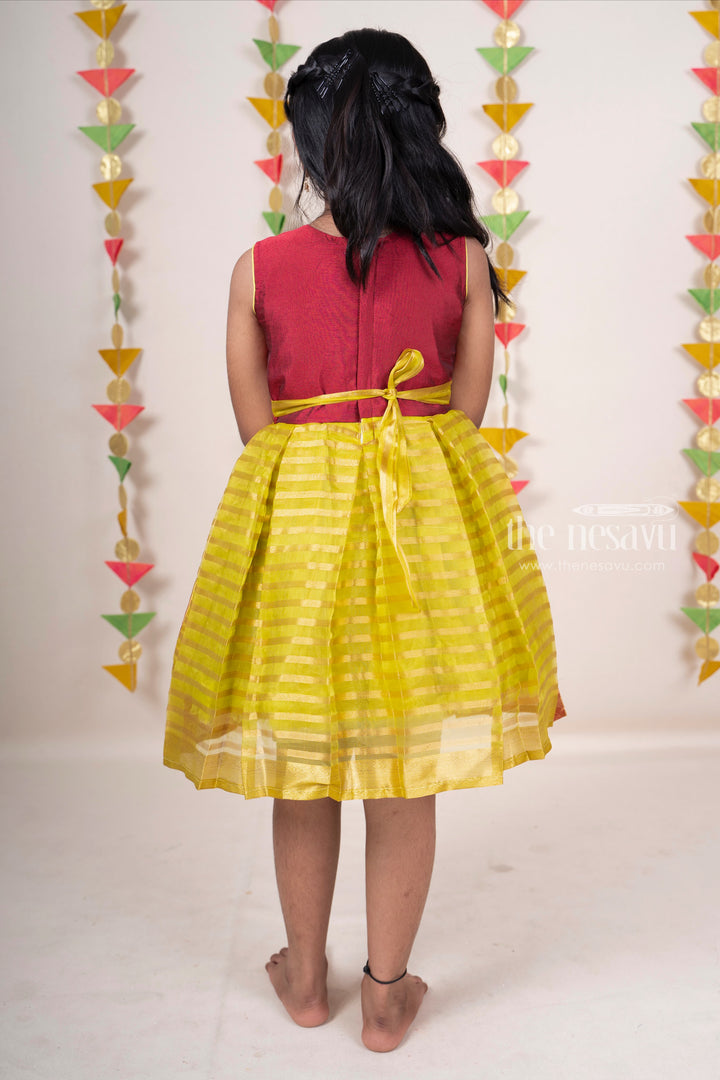 The Nesavu Silk Frocks Leaf Green Organza Silk Cotton Frock With Hand Embroidery Maroon Yoke For Girls psr silks Nesavu
