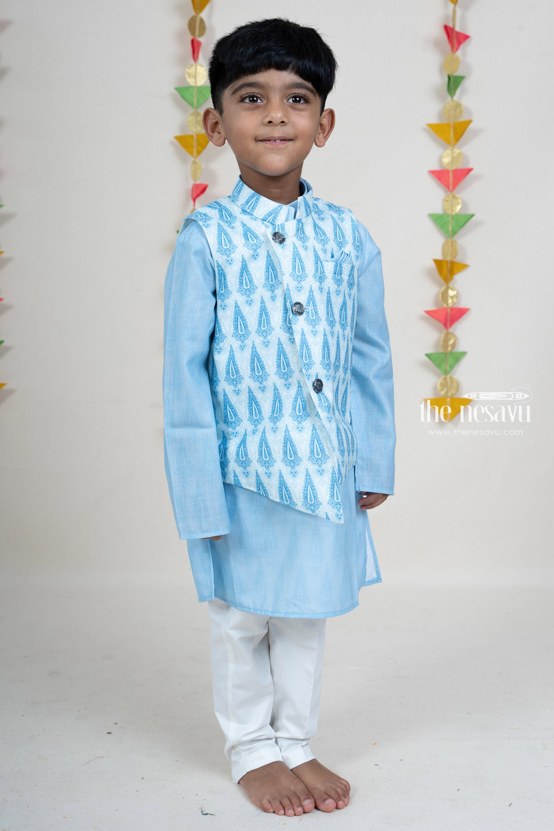 The Nesavu Ethnic Sets Light Blue Designer Overcoat Kurta Dresses For Baby Boys psr silks Nesavu 16 (1Y) / Blue BES221A