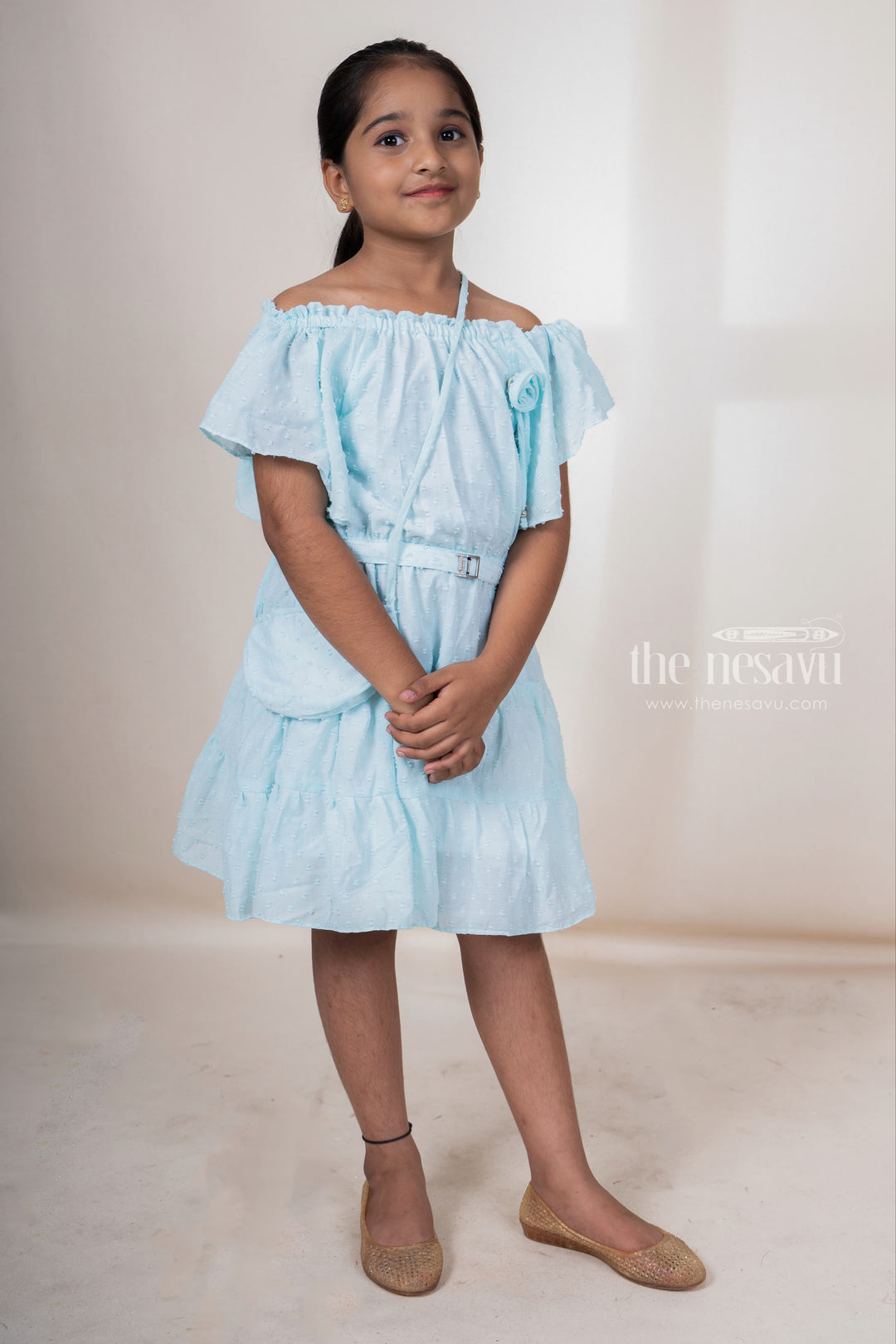 The Nesavu Frocks & Dresses Light Cyan Off-Shoulder Designed Soft Cotton Frock For Baby Girls With Matching Bag psr silks Nesavu 22 (4Y) / LightCyan GFC913C