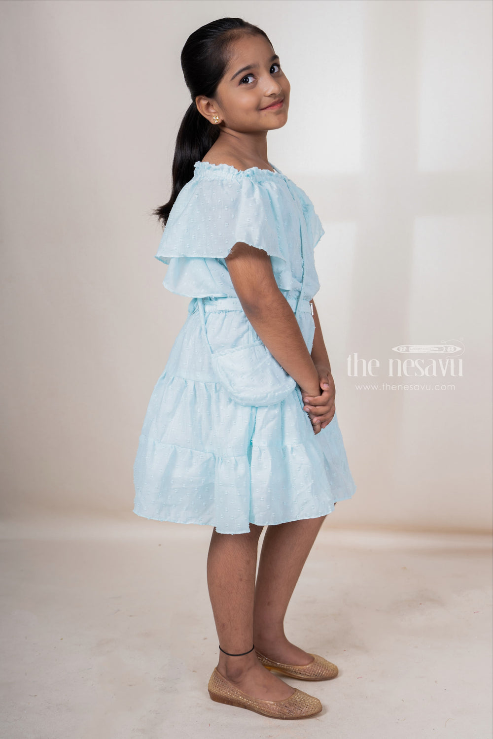 The Nesavu Frocks & Dresses Light Cyan Off-Shoulder Designed Soft Cotton Frock For Baby Girls With Matching Bag psr silks Nesavu