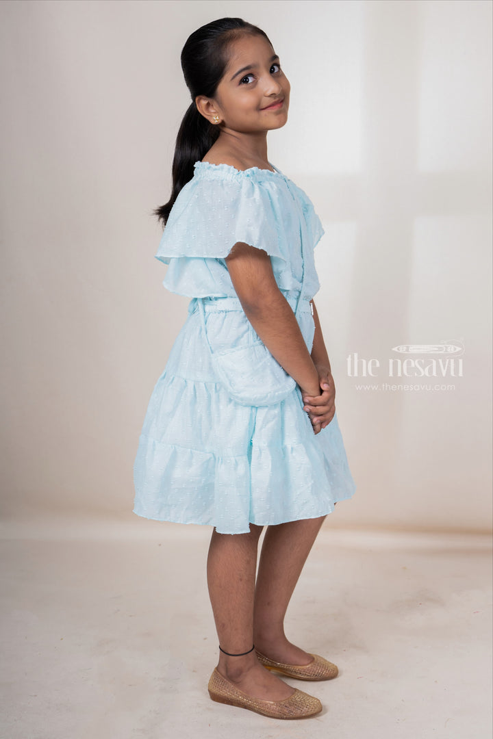 The Nesavu Frocks & Dresses Light Cyan Off-Shoulder Designed Soft Cotton Frock For Baby Girls With Matching Bag psr silks Nesavu