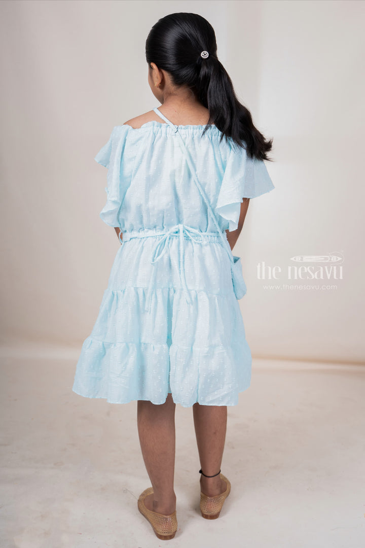 The Nesavu Frocks & Dresses Light Cyan Off-Shoulder Designed Soft Cotton Frock For Baby Girls With Matching Bag psr silks Nesavu