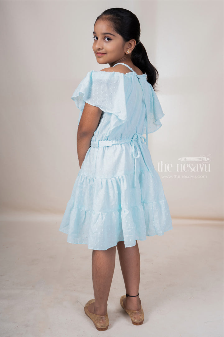 The Nesavu Frocks & Dresses Light Cyan Off-Shoulder Designed Soft Cotton Frock For Baby Girls With Matching Bag psr silks Nesavu
