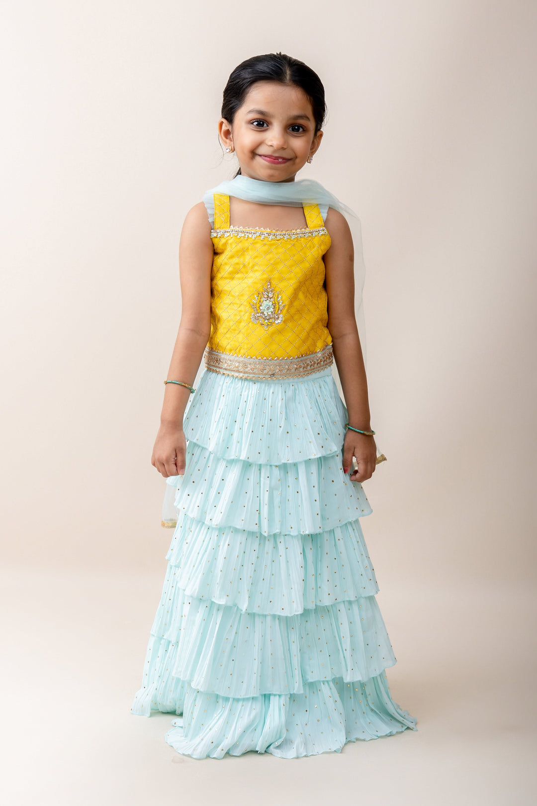 The Nesavu Lehenga & Ghagra Light Cyan Ruffled Skirt with Yellow Crop Lehenga Choli psr silks Nesavu 12 (3M) / LightCyan GL306