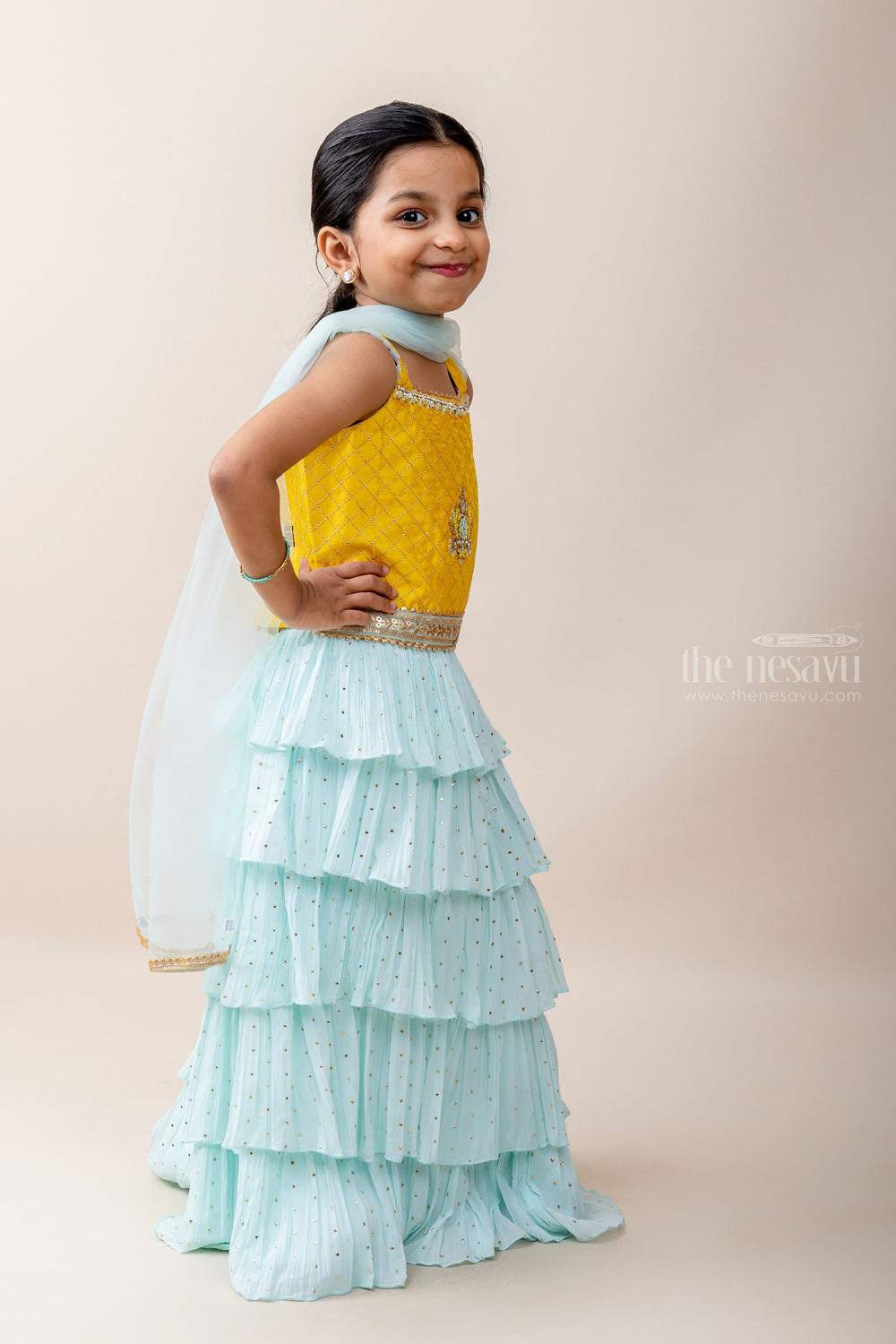 The Nesavu Lehenga & Ghagra Light Cyan Ruffled Skirt with Yellow Crop Lehenga Choli psr silks Nesavu