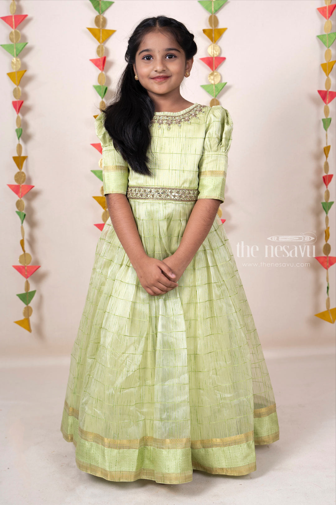 The Nesavu Kids Anarkali Light Green Full Length Silk Cotton Designer Anarkali Dresses For Baby Girls psr silks Nesavu 18 (2Y) / DarkSeaGreen GA113B