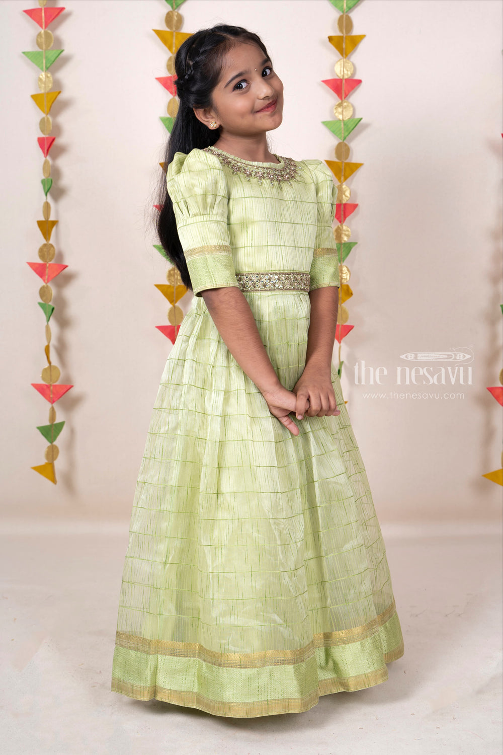 The Nesavu Kids Anarkali Light Green Full Length Silk Cotton Designer Anarkali Dresses For Baby Girls psr silks Nesavu
