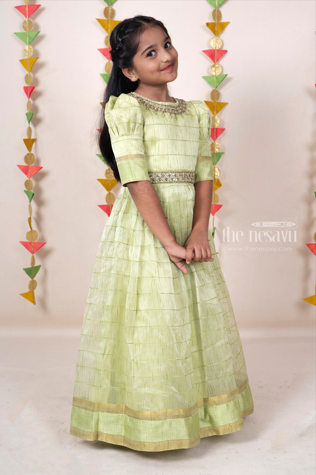 The Nesavu Kids Anarkali Light Green Full Length Silk Cotton Designer Anarkali Dresses For Baby Girls psr silks Nesavu