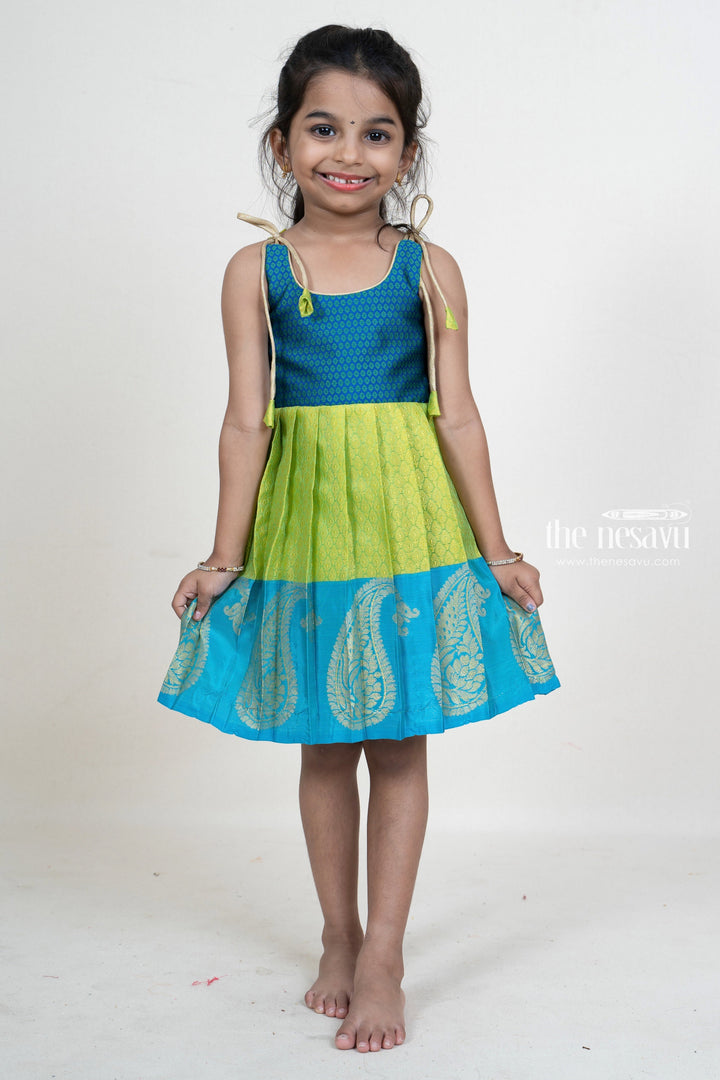 The Nesavu Tie up frocks Light Green With Blue Jacquard Silk Frock For New Born Baby Girls psr silks Nesavu 12 (3M) / Greenyellow T232A