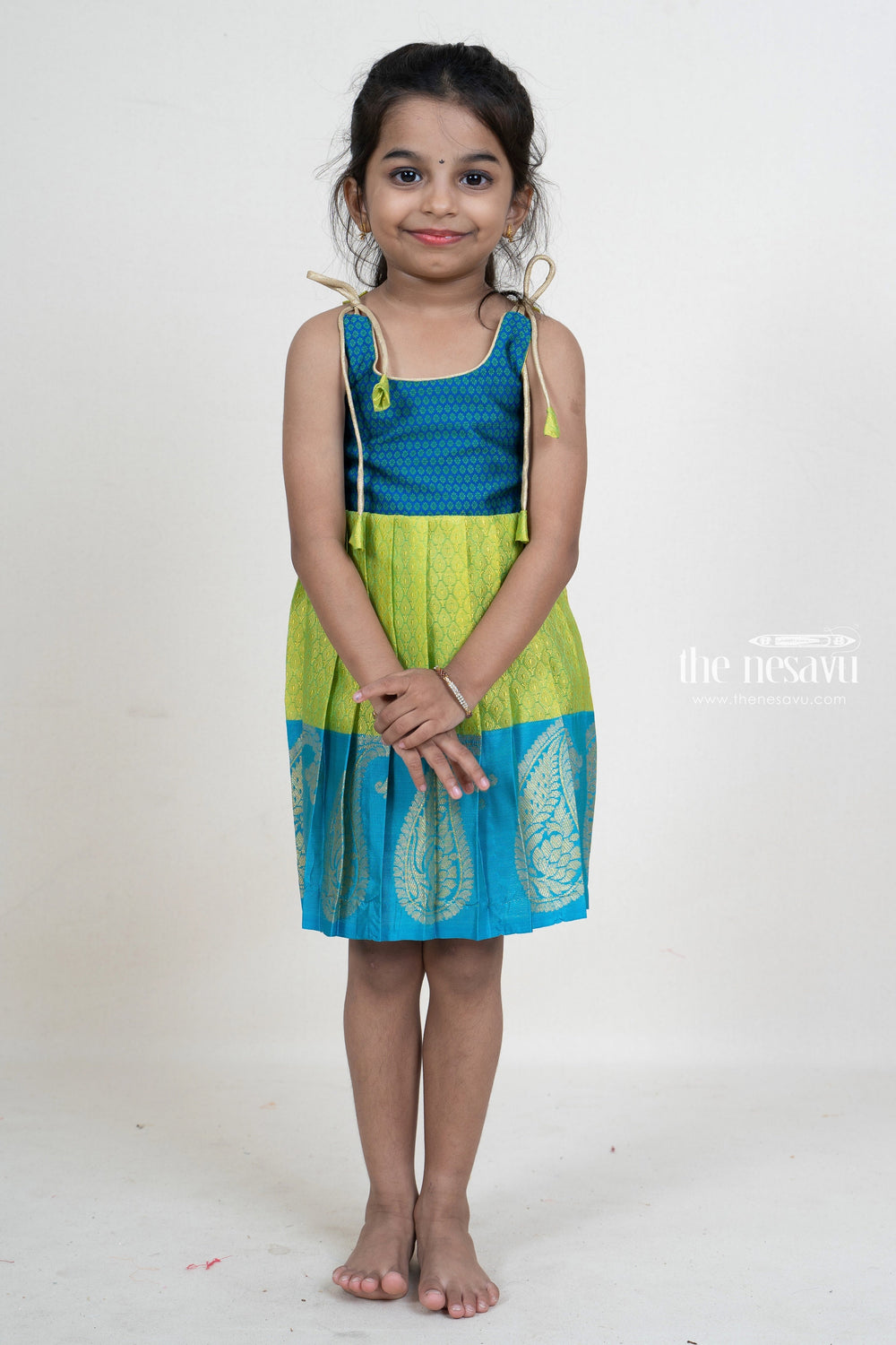 The Nesavu Tie up frocks Light Green With Blue Jacquard Silk Frock For New Born Baby Girls psr silks Nesavu
