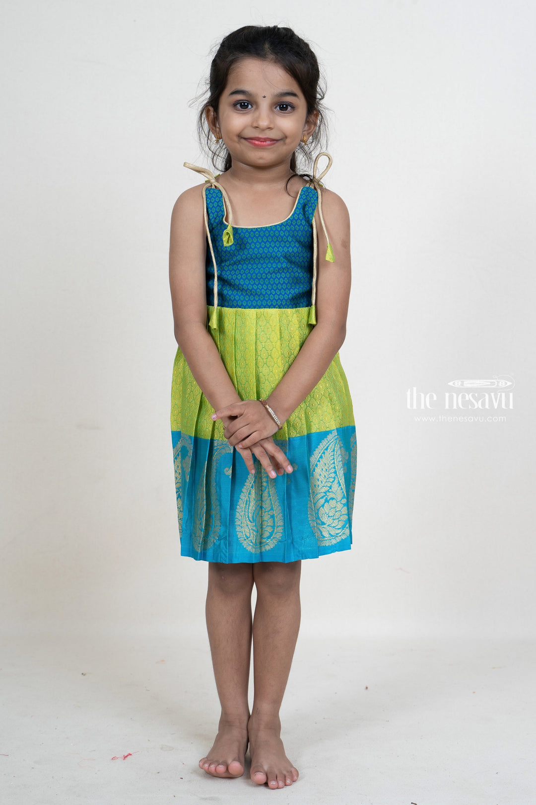 The Nesavu Tie up frocks Light Green With Blue Jacquard Silk Frock For New Born Baby Girls psr silks Nesavu