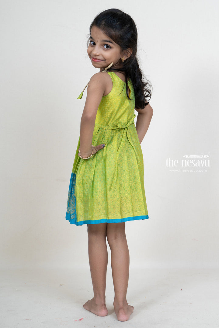 The Nesavu Tie up frocks Light Green With Blue Jacquard Silk Frock For New Born Baby Girls psr silks Nesavu