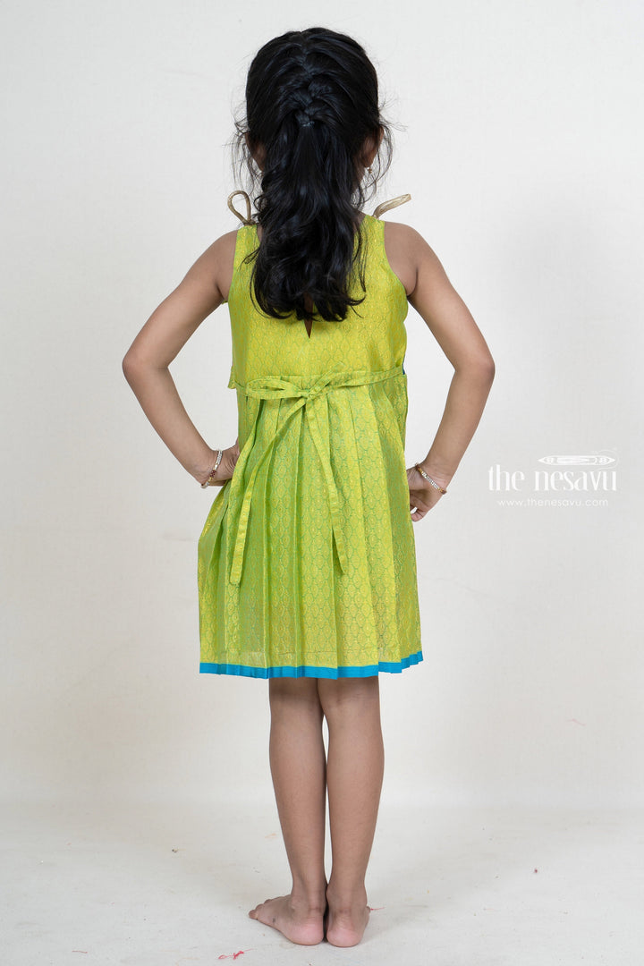 The Nesavu Tie up frocks Light Green With Blue Jacquard Silk Frock For New Born Baby Girls psr silks Nesavu