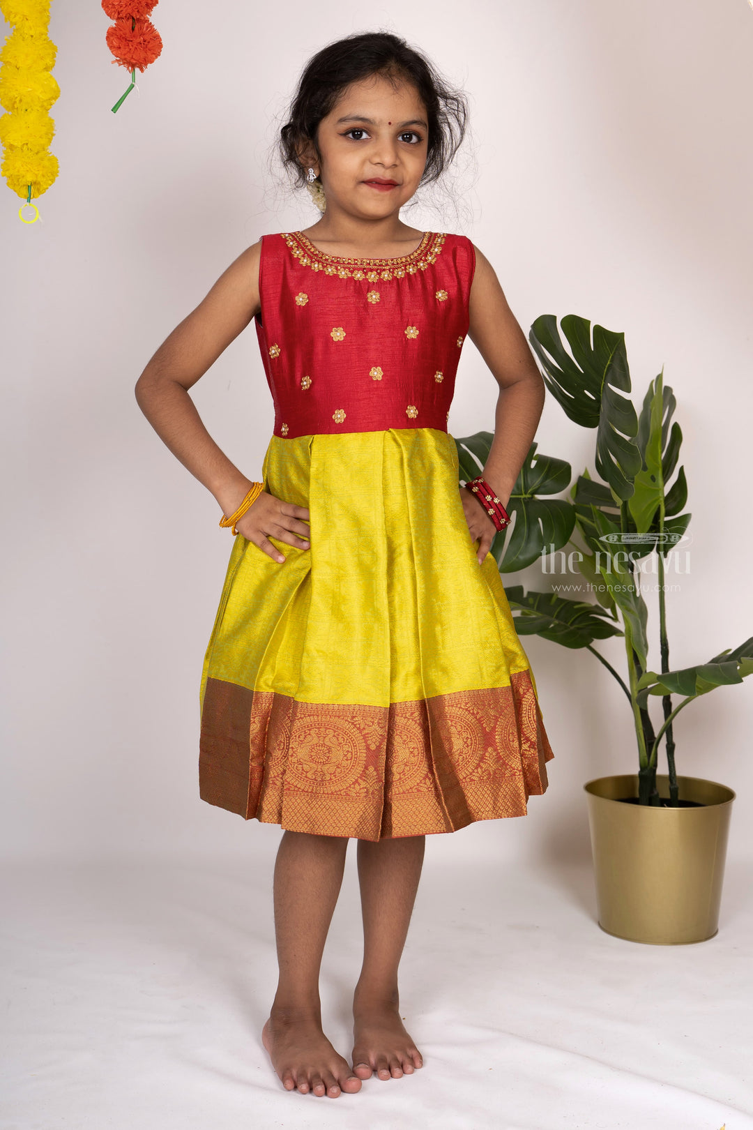 The Nesavu Silk Frocks Light Green With Red Jacquard Silk Designer Frock psr silks Nesavu