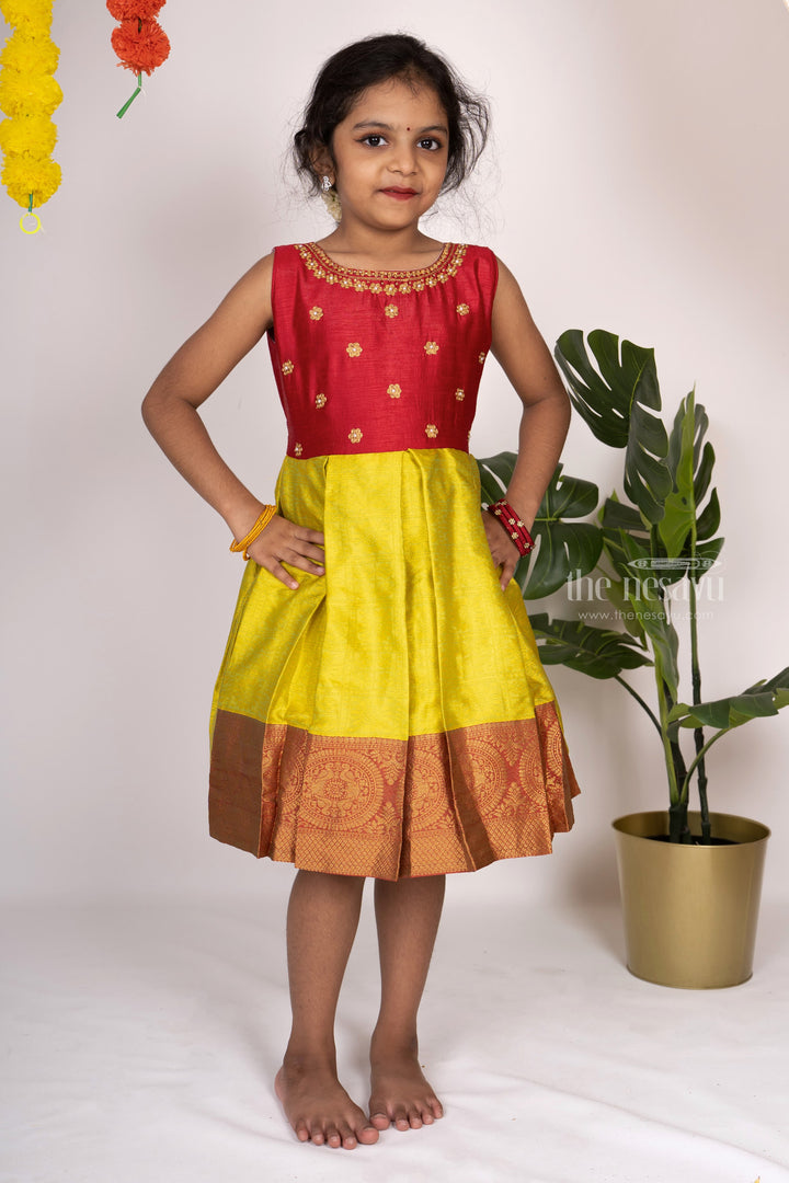 The Nesavu Silk Frocks Light Green With Red Jacquard Silk Designer Frock psr silks Nesavu