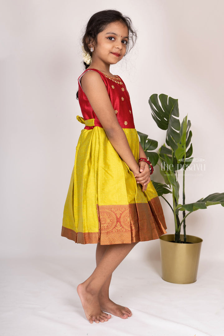 The Nesavu Silk Frocks Light Green With Red Jacquard Silk Designer Frock psr silks Nesavu