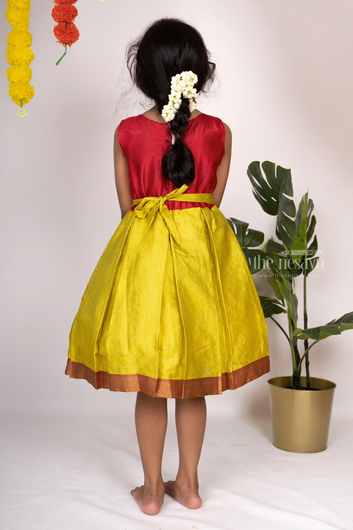 The Nesavu Silk Frocks Light Green With Red Jacquard Silk Designer Frock psr silks Nesavu