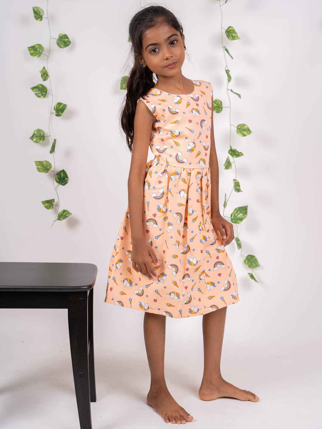 The Nesavu Frocks & Dresses Light Orange Soft Cotton Unicorn Print Cotton Gown For Girls psr silks Nesavu 16 (1Y ) / Coral GFC808
