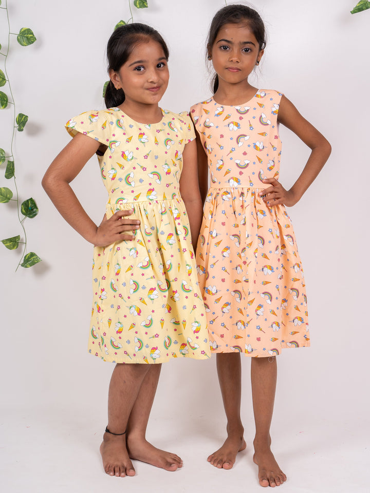 The Nesavu Frocks & Dresses Light Orange Soft Cotton Unicorn Print Cotton Gown For Girls psr silks Nesavu