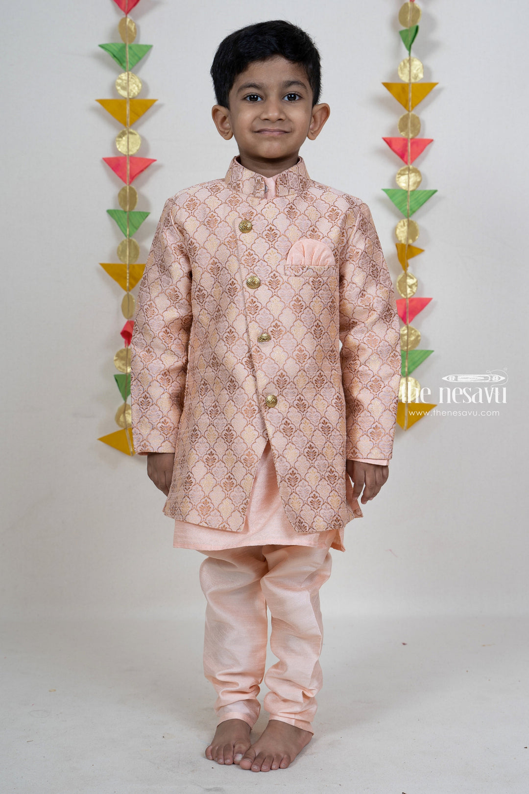 The Nesavu Ethnic Sets Light Peach Designer Kurta With Overcoat For Baby Boys psr silks Nesavu 16 (1Y) / PeachPuff BES214A