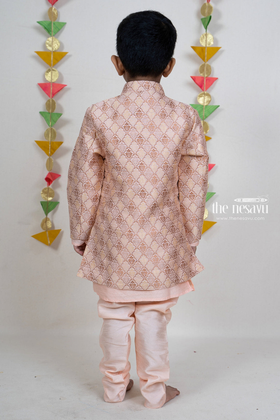 The Nesavu Ethnic Sets Light Peach Designer Kurta With Overcoat For Baby Boys psr silks Nesavu