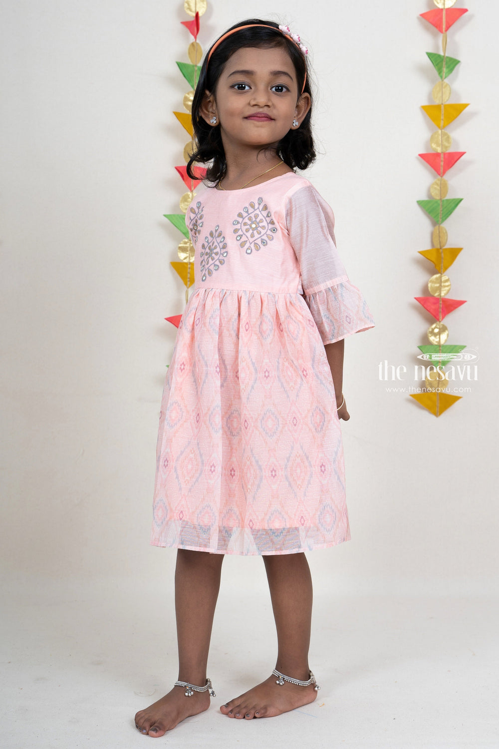 The Nesavu Light Pink Ikkat Designer Cotton Gown For Baby Girls psr silks Nesavu