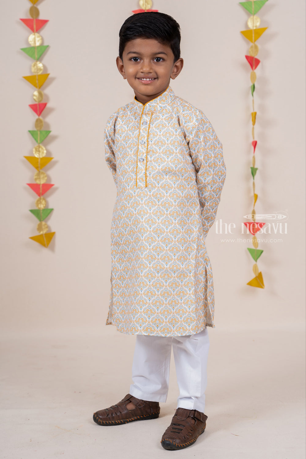 The Nesavu Ethnic Sets Light Yellow Chikankari Printed Soft Cotton Readymade Festive Wear Kurta For Baby Boys psr silks Nesavu