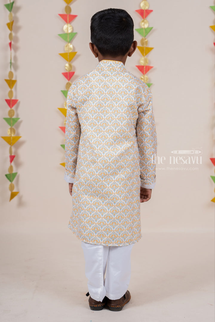 The Nesavu Ethnic Sets Light Yellow Chikankari Printed Soft Cotton Readymade Festive Wear Kurta For Baby Boys psr silks Nesavu