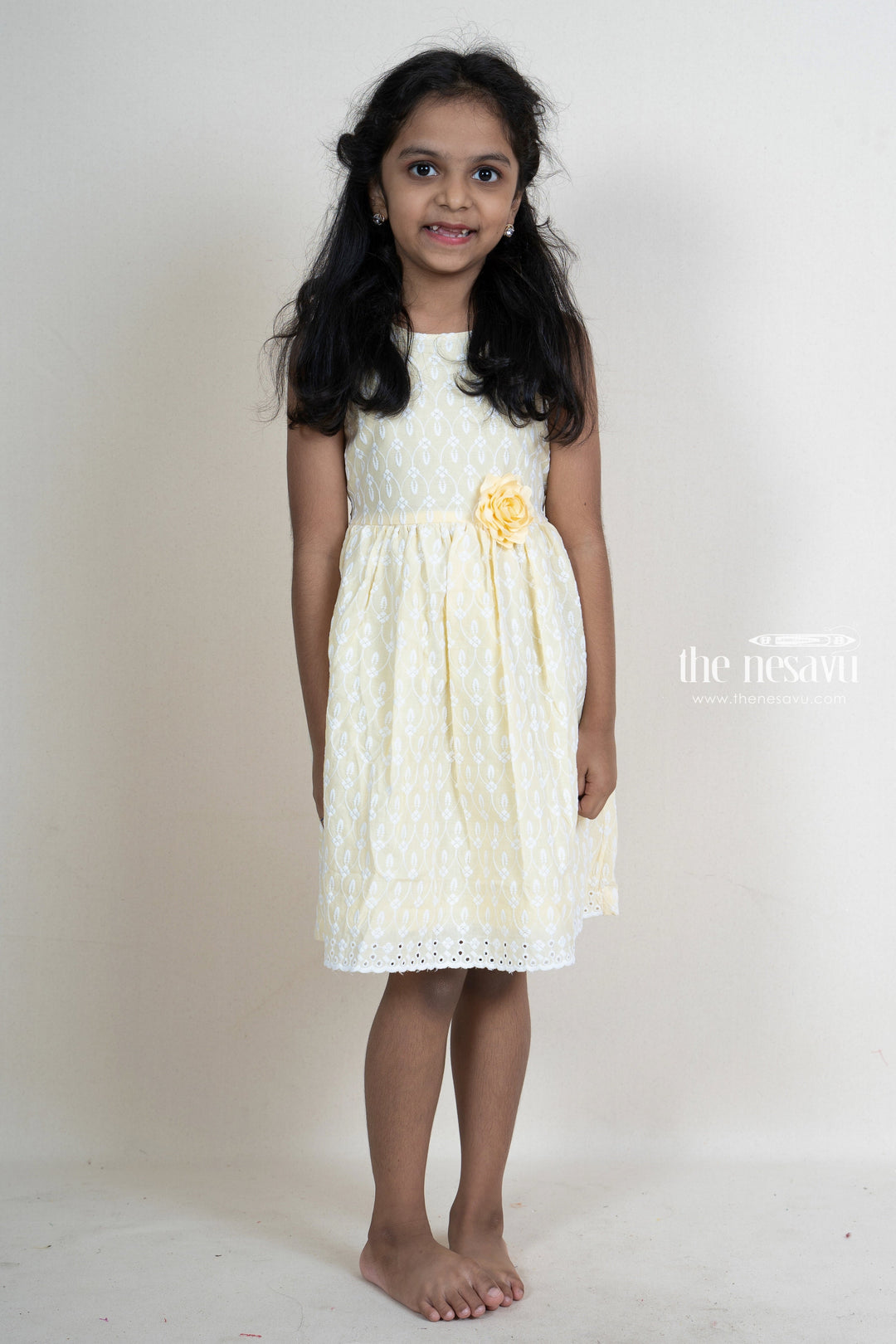 The Nesavu Frocks & Dresses Light Yellow Embroidery Cotton Gown With Flower Embellishment For Girls psr silks Nesavu 18 (2Y) / Ivory GFC930