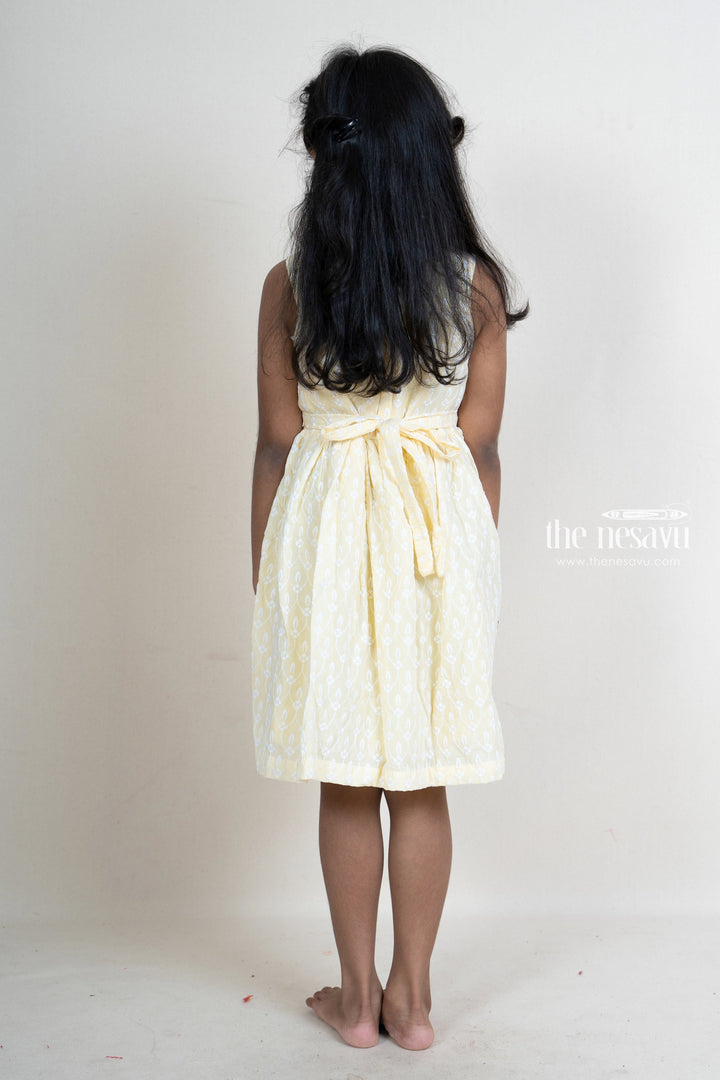 The Nesavu Frocks & Dresses Light Yellow Embroidery Cotton Gown With Flower Embellishment For Girls psr silks Nesavu