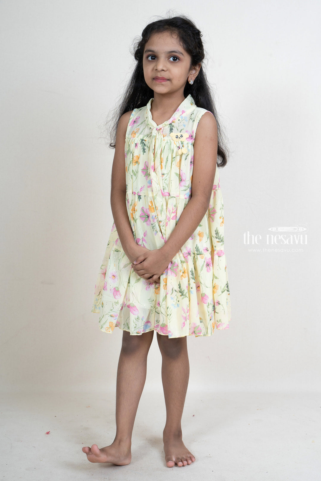 The Nesavu Frocks & Dresses Light yellow flroal crepe designer cmfy casuals for girls psr silks Nesavu 16 (1Y) / yellow GFC934C