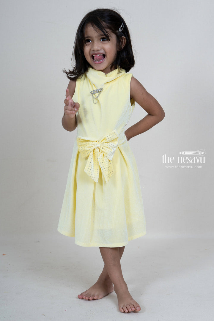 The Nesavu Baby Frock / Jhabla Lime Yellow Velvet Frock With Bow Trim For New Born Baby Girls psr silks Nesavu