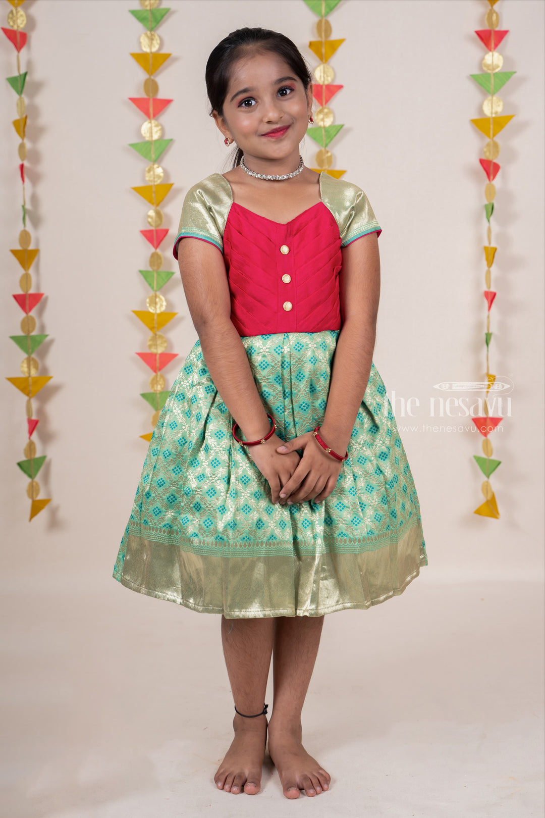 The Nesavu Silk Frocks Limegreen Pleated Yoke Designer Silk Cotton Frock For Baby Girls psr silks Nesavu 14 (6M) / Lightgreen SF423B