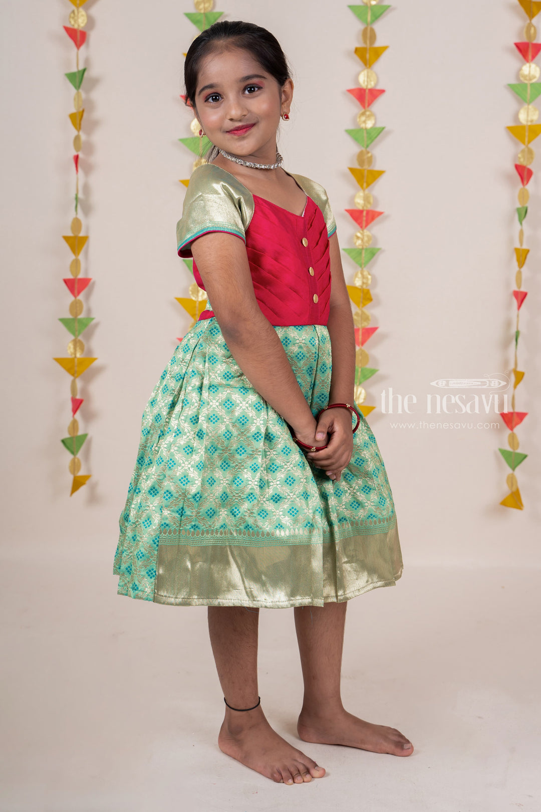 The Nesavu Silk Frocks Limegreen Pleated Yoke Designer Silk Cotton Frock For Baby Girls psr silks Nesavu