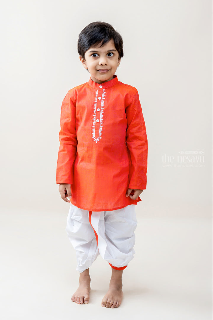 The Nesavu Ethnic Sets Little Champ - Vibrant Maroon Kurta With White Panchkajam For Little Boys psr silks Nesavu 14 (6M) / Red BES232A
