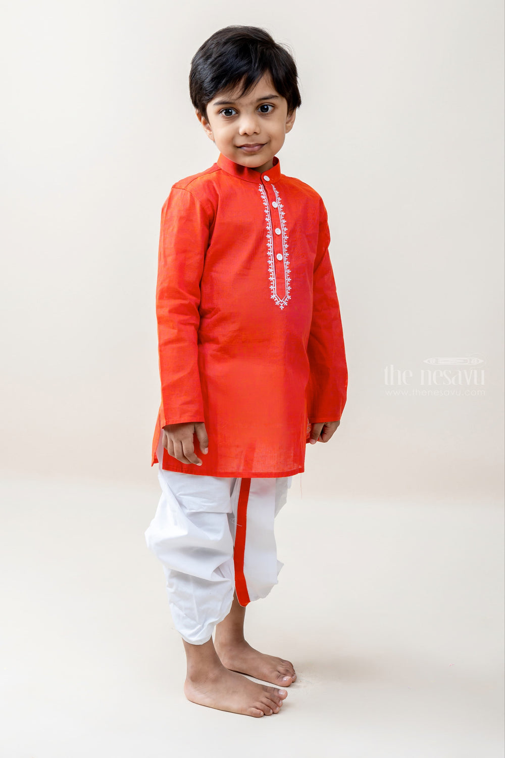 The Nesavu Ethnic Sets Little Champ - Vibrant Maroon Kurta With White Panchkajam For Little Boys psr silks Nesavu