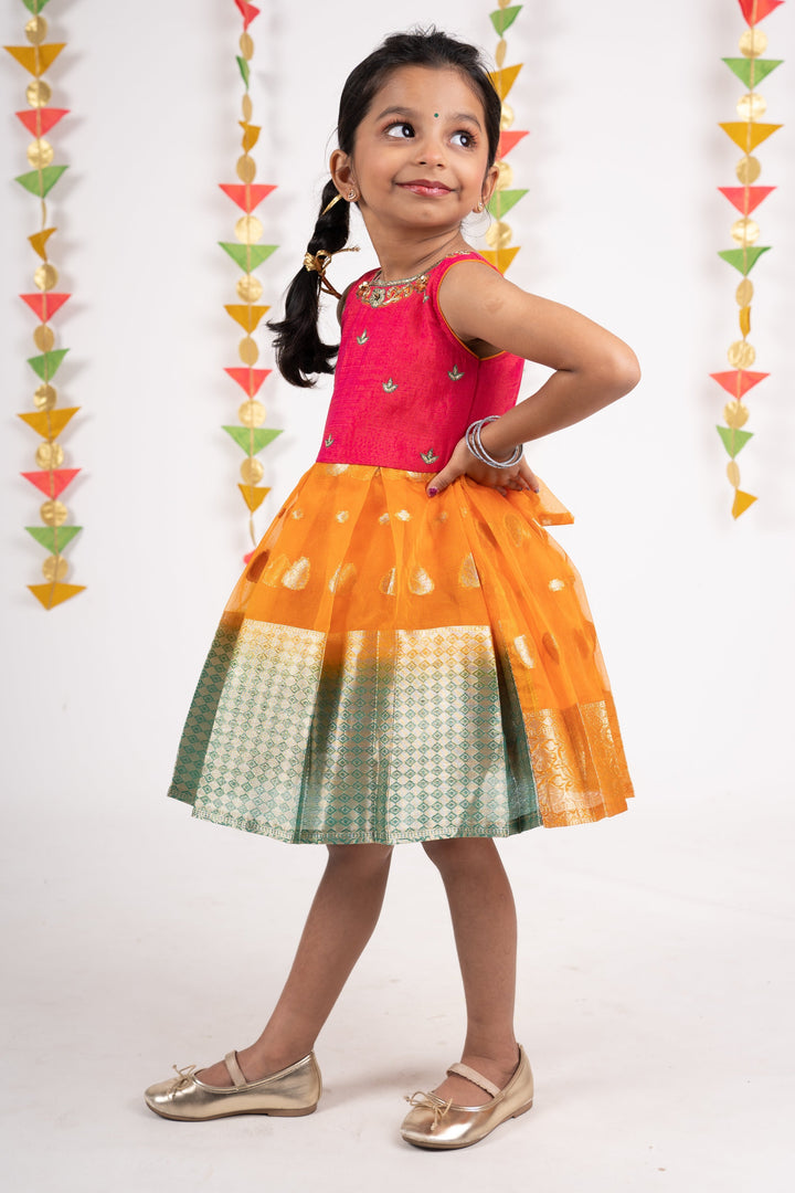 The Nesavu Silk Frocks Long Banarasi Border Silk Frock With Designer Embroidery Yoke psr silks Nesavu