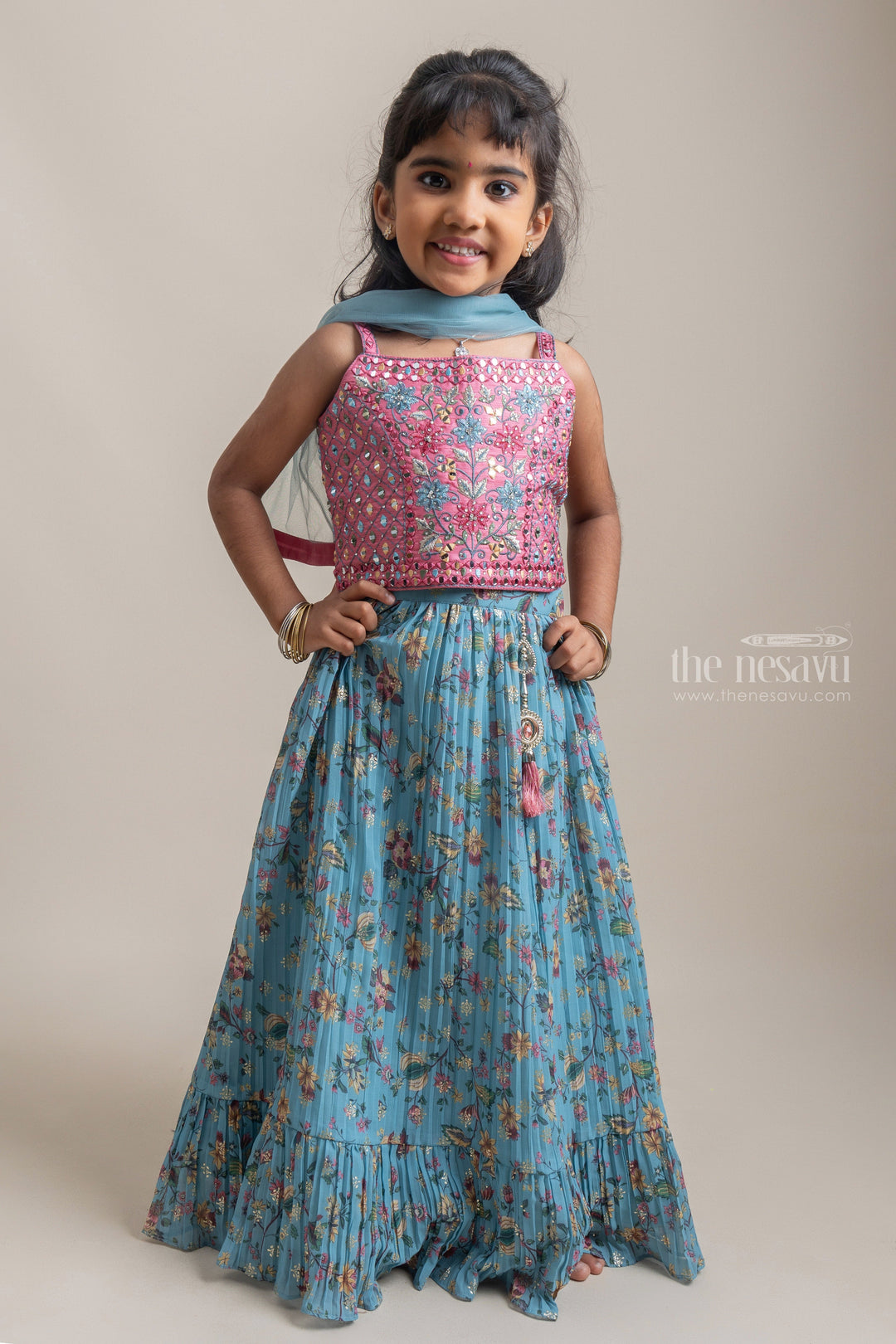 The Nesavu Lehenga & Ghagra Lovely Pink Mirror Work Sleeveless Top With Floral Printed Blue Lehanga For Girls psr silks Nesavu 16 (1Y) / Turquoise GL333