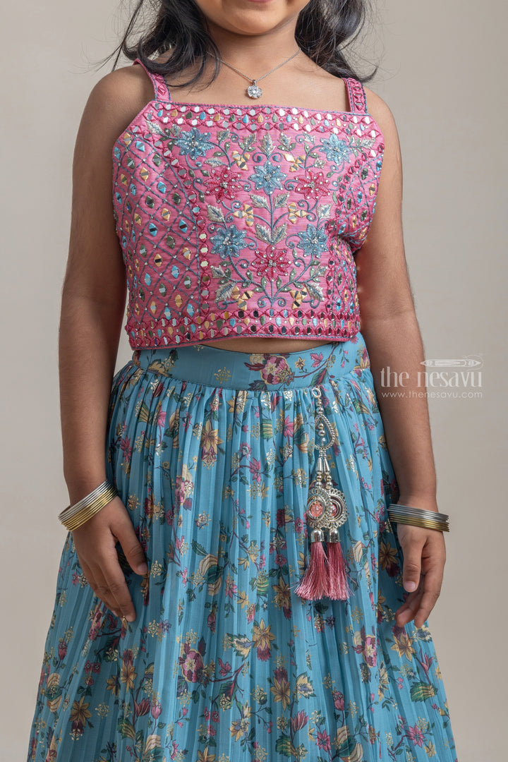 The Nesavu Lehenga & Ghagra Lovely Pink Mirror Work Sleeveless Top With Floral Printed Blue Lehanga For Girls psr silks Nesavu
