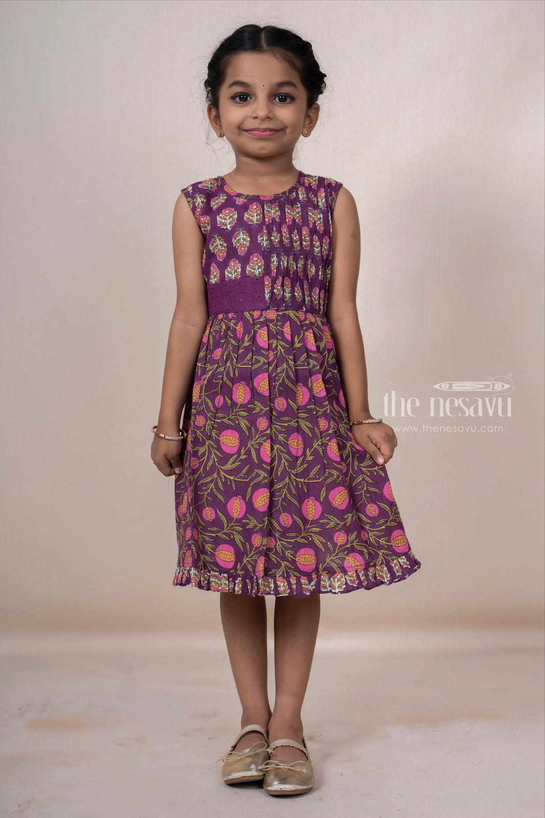 The Nesavu Frocks & Dresses Magenta Pink Floral Pin-Tucked Soft Cotton Gown For Baby Girls psr silks Nesavu 14 (6M) / MediumVioletRed GFC900