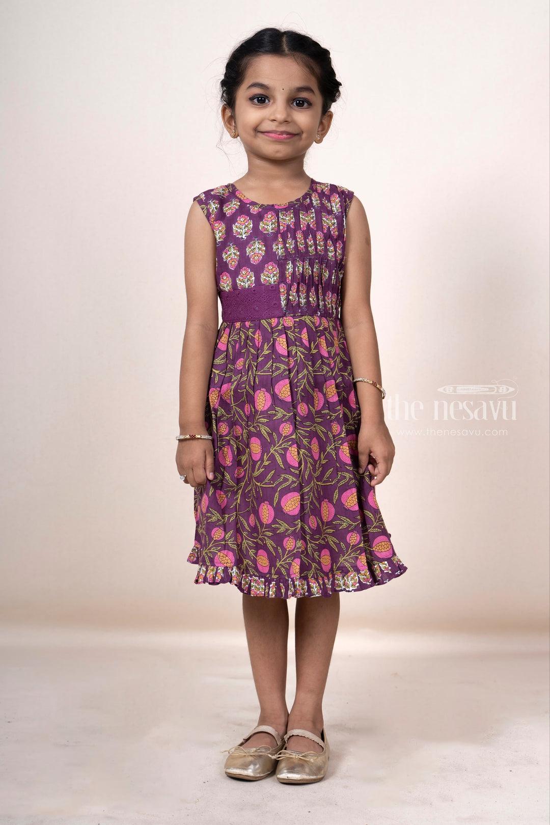 The Nesavu Frocks & Dresses Magenta Pink Floral Pin-Tucked Soft Cotton Gown For Baby Girls psr silks Nesavu
