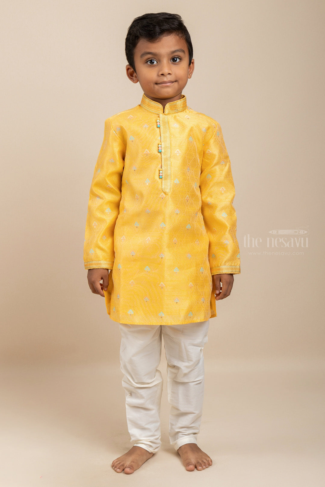 The Nesavu Ethnic Sets Mango Mood - Sweet Yellow Designer Print Kurta With White Adjustable Pants psr silks Nesavu 14 (6M) / Gold BES237A