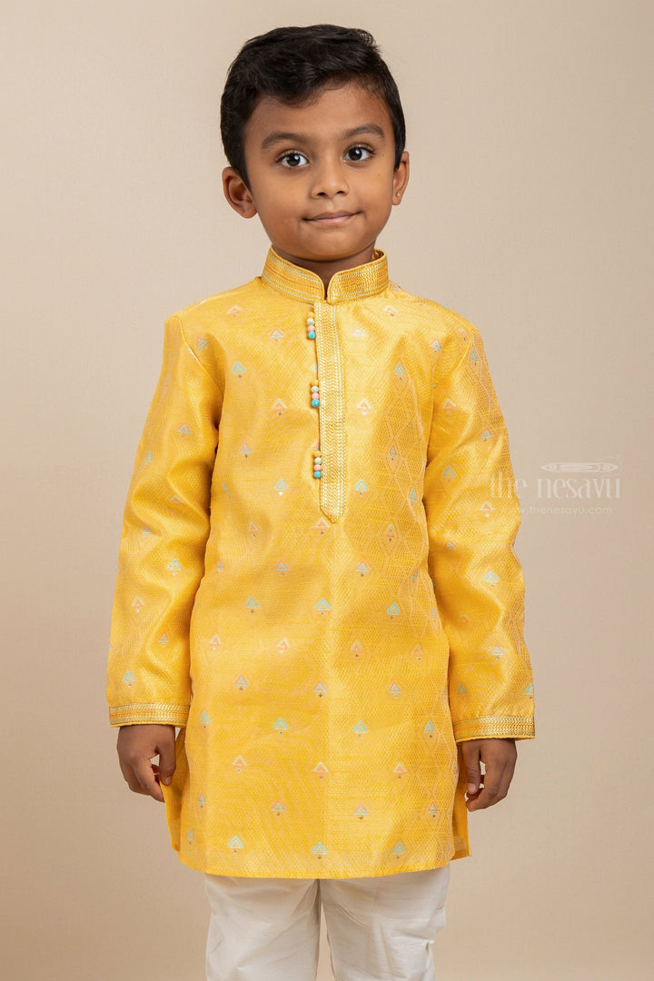 The Nesavu Ethnic Sets Mango Mood - Sweet Yellow Designer Print Kurta With White Adjustable Pants psr silks Nesavu