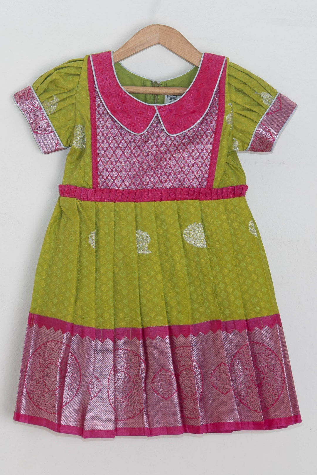 The Nesavu Silk Frocks Maroon Designer Yoke And Pleated Green Semi Silver Zari Kanjivaram Silk Frock For Girls psr silks Nesavu 14 (6M) / Green SF539A