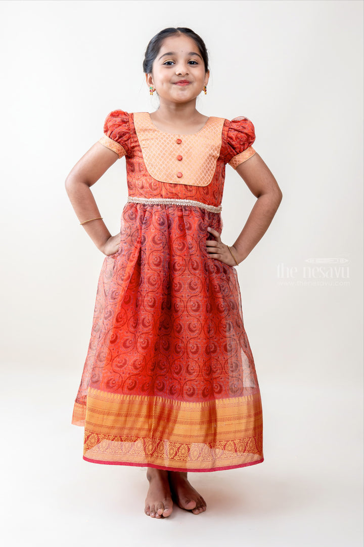 The Nesavu Kids Anarkali Maroon Organza Silk Anarkali With Fabric Embellishments For Baby Girls psr silks Nesavu 16 (1Y ) / Indianred GA121B